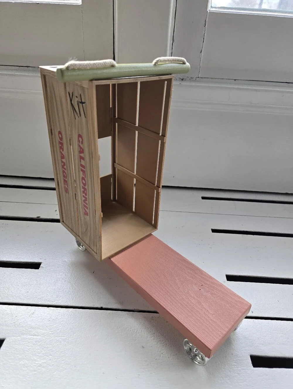 Vintage-Inspired Wooden Crate Toy Scooter with 'Grace' Sign